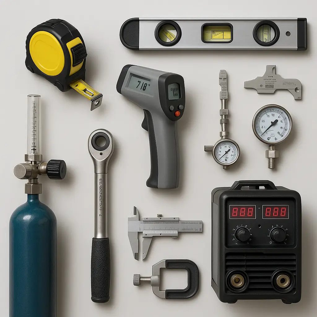 Workshop measuring tools laid out for calibration, including gauges, a torque wrench and a welding machine